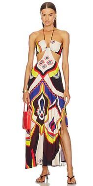 BOAMAR Lazuli Long Dress Multi Halter Cutout Maxi Dress Geometric Psychedelic 
S